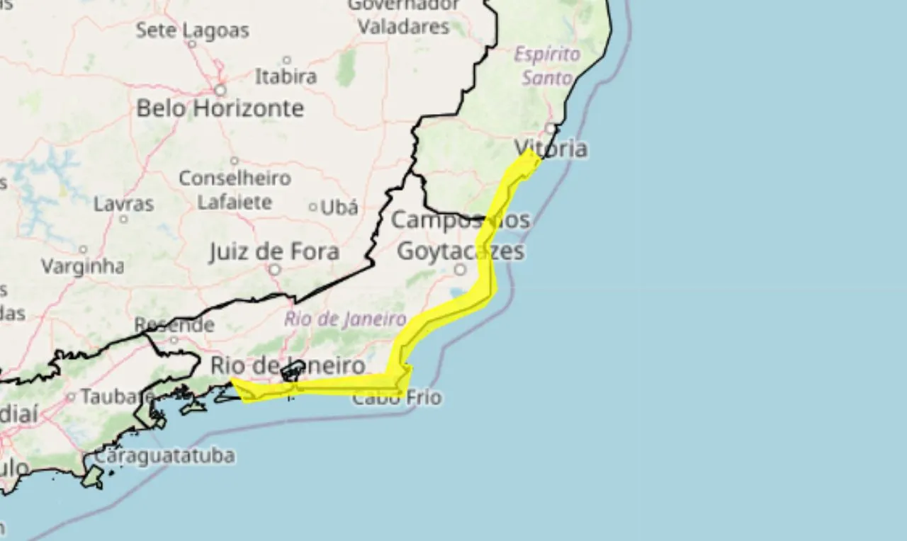 O mapa mostra às áreas em alerta para ventania 